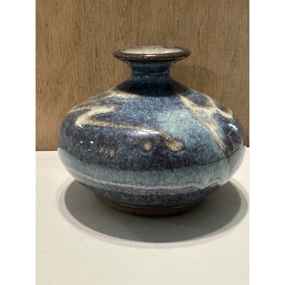 Studio Art Pottery Mini Vase Pot Artist Signed Blue Drip Short Squat Glazed - Picture 6 of 9